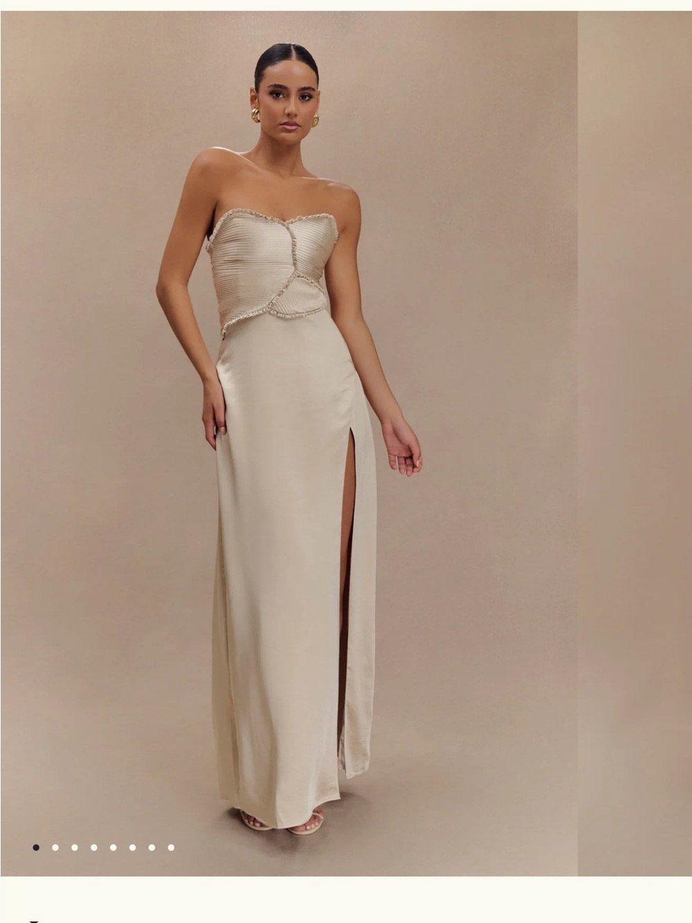 Meshki Strapless Champagne Satin Gown with High Slit